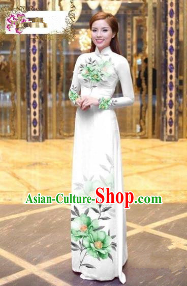 Traditional Top Grade Asian Vietnamese Costumes Dance Dress, Vietnam National Female Handmade Printing Green Flowers Ao Dai Dress Cheongsam Clothing for Women