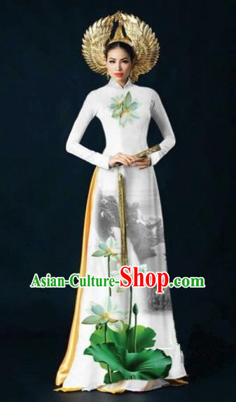 Traditional Top Grade Asian Vietnamese Costumes Dance Dress, Vietnam National Women Ao Dai Dress Ink Painting Lotus White Cheongsam Clothing