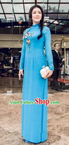 Traditional Top Grade Asian Vietnamese Costumes Full Dress, Vietnam National Women Ao Dai Dress Embroidered Blue Cheongsam Clothing