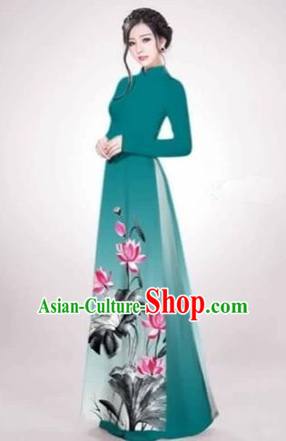 Traditional Top Grade Asian Vietnamese Costumes Dance Dress, Vietnam National Female Handmade Printing Lotus Flowers Green Ao Dai Dress Cheongsam Clothing for Women