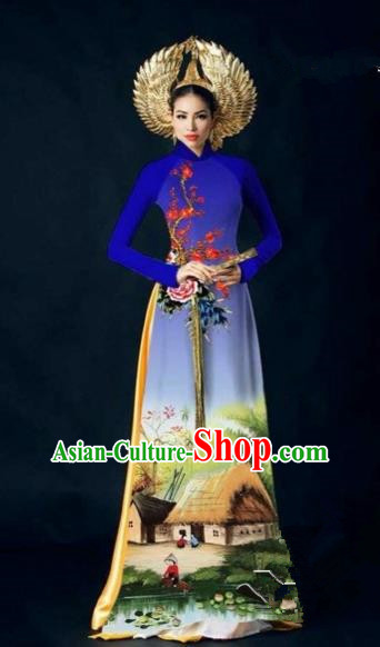 Traditional Top Grade Asian Vietnamese Costumes Dance Dress, Vietnam National Women Ao Dai Dress Landscape Painting Cheongsam Clothing