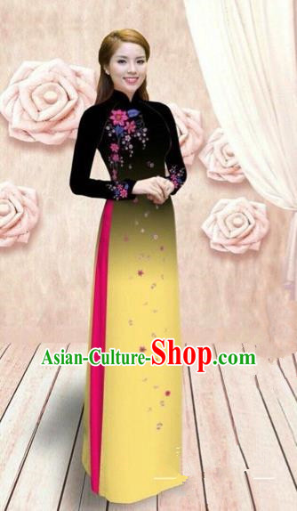 Traditional Top Grade Asian Vietnamese Costumes Dance Dress, Vietnam National Female Handmade Yellow Ao Dai Dress Cheongsam Clothing for Women