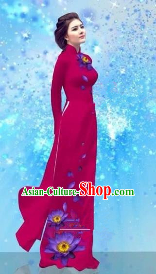 Traditional Top Grade Asian Vietnamese Costumes Dance Dress and Pants, Vietnam National Female Handmade Printing Amaranth Ao Dai Dress Cheongsam Clothing for Women