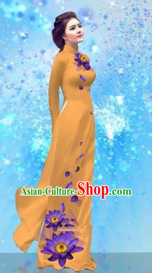 Traditional Top Grade Asian Vietnamese Costumes Dance Dress and Pants, Vietnam National Female Handmade Printing Yellow Ao Dai Dress Cheongsam Clothing for Women