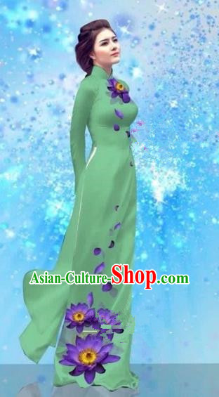 Traditional Top Grade Asian Vietnamese Costumes Dance Dress and Pants, Vietnam National Female Handmade Printing Green Ao Dai Dress Cheongsam Clothing for Women