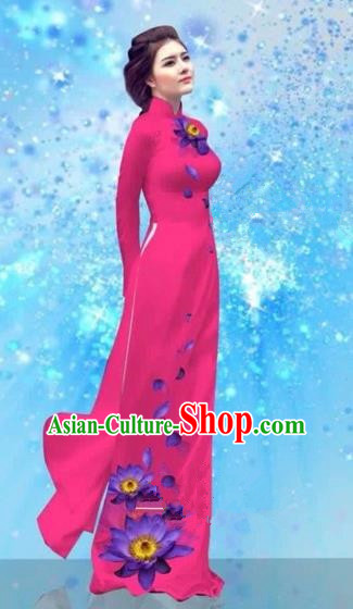 Traditional Top Grade Asian Vietnamese Costumes Dance Dress and Pants, Vietnam National Female Handmade Printing Rose Ao Dai Dress Cheongsam Clothing for Women