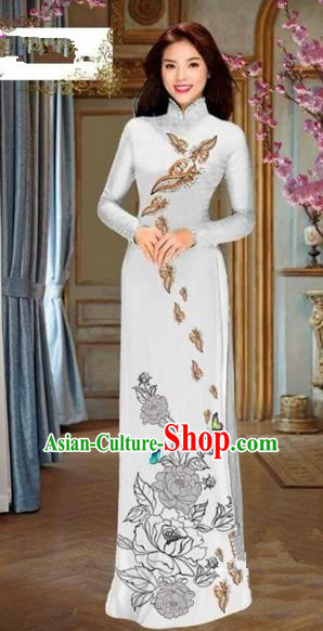 Traditional Top Grade Asian Vietnamese Costumes Dance Dress and Pants, Vietnam National Female Handmade Printing Flowers Ao Dai Dress Cheongsam Clothing for Women