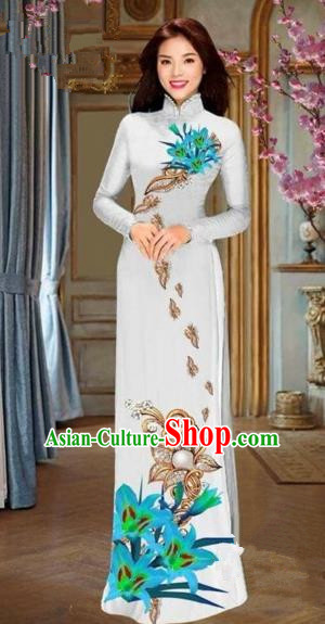 Traditional Top Grade Asian Vietnamese Costumes Dance Dress and Pants, Vietnam National Female Handmade Printing Blue Flowers Ao Dai Dress Cheongsam Clothing for Women