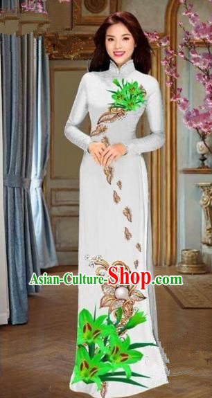 Traditional Top Grade Asian Vietnamese Costumes Dance Dress and Pants, Vietnam National Female Handmade Printing Green Flowers Ao Dai Dress Cheongsam Clothing for Women