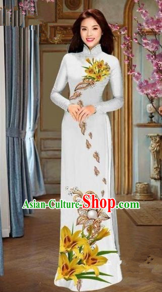 Traditional Top Grade Asian Vietnamese Costumes Dance Dress and Pants, Vietnam National Female Handmade Printing Yellow Flowers Ao Dai Dress Cheongsam Clothing for Women