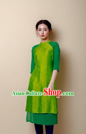 Traditional Top Grade Asian Vietnamese Costumes Dance Dress, Vietnam National Female Handmade Green Embroidered Ao Dai Dress Cheongsam Clothing for Women