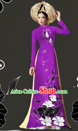 Traditional Top Grade Asian Vietnamese Costumes Dance Dress and Loose Pants, Vietnam National Female Handmade Printing Purple Ao Dai Dress Cheongsam Clothing for Women