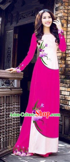 Traditional Top Grade Asian Vietnamese Costumes Handmade Dance Dress, Vietnam National Female Printing Flowers Rose Ao Dai Dress Cheongsam Clothing for Women