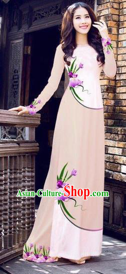 Traditional Top Grade Asian Vietnamese Costumes Handmade Dance Dress, Vietnam National Female Printing Flowers Pink Ao Dai Dress Cheongsam Clothing for Women