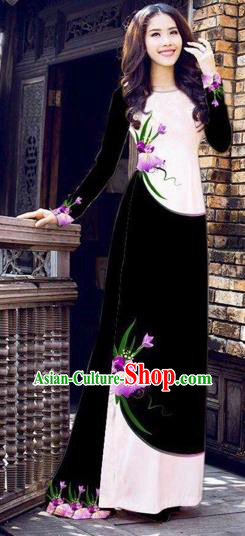 Traditional Top Grade Asian Vietnamese Costumes Handmade Dance Dress, Vietnam National Female Printing Flowers Black Ao Dai Dress Cheongsam Clothing for Women