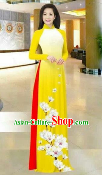 Traditional Top Grade Asian Vietnamese Costumes Dance Dress, Vietnam National Female Printing Flowers Yellow Ao Dai Dress Stand Collar Cheongsam Clothing for Women