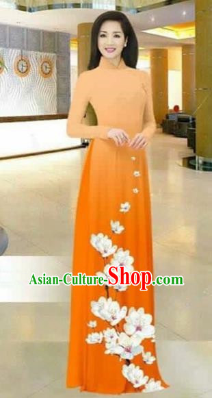 Traditional Top Grade Asian Vietnamese Costumes Dance Dress, Vietnam National Female Printing Flowers Orange Ao Dai Dress Stand Collar Cheongsam Clothing for Women
