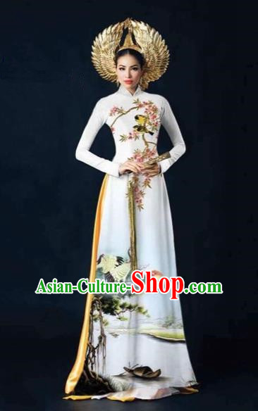 Traditional Top Grade Asian Vietnamese Costumes Dance Dress and Pants, Vietnam National Female Printing Crane White Ao Dai Dress Cheongsam Clothing Complete Set for Women