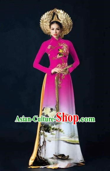 Traditional Top Grade Asian Vietnamese Costumes Dance Dress and Pants, Vietnam National Female Printing Crane Rose Ao Dai Dress Cheongsam Clothing Complete Set for Women