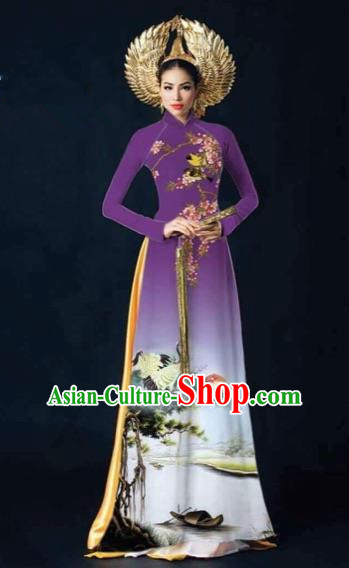 Traditional Top Grade Asian Vietnamese Costumes Dance Dress and Pants, Vietnam National Female Printing Crane Purple Ao Dai Dress Cheongsam Clothing Complete Set for Women