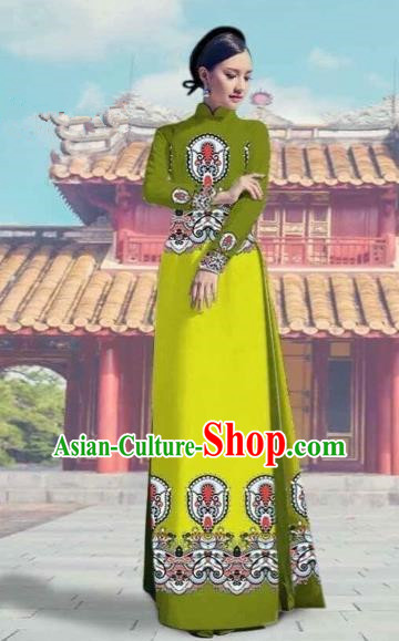 Traditional Top Grade Asian Vietnamese Costumes Dance Dress and Pants, Vietnam National Female Printing Green Ao Dai Dress Cheongsam Clothing Complete Set for Women