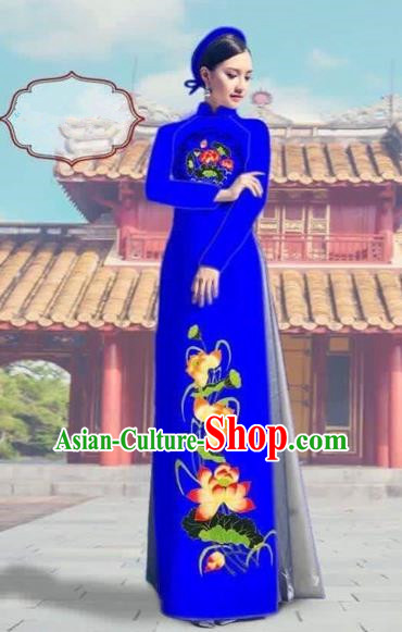 Traditional Top Grade Asian Vietnamese Costumes Dance Dress and Pants, Vietnam National Female Printing Royalblue Ao Dai Dress Cheongsam Clothing Complete Set for Women