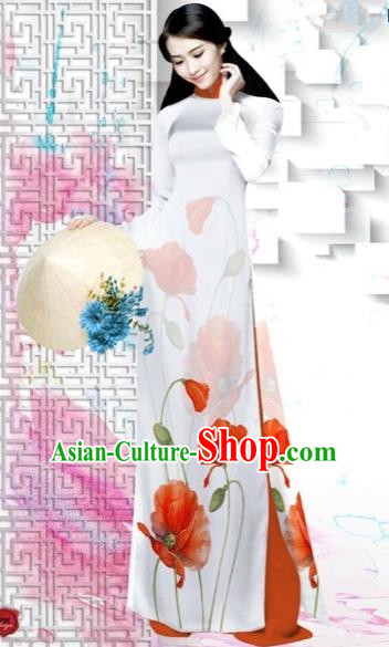 Traditional Top Grade Asian Vietnamese Costumes Dance Dress, Vietnam National Female Painting Red Flower Ao Dai Dress Cheongsam Clothing for Women