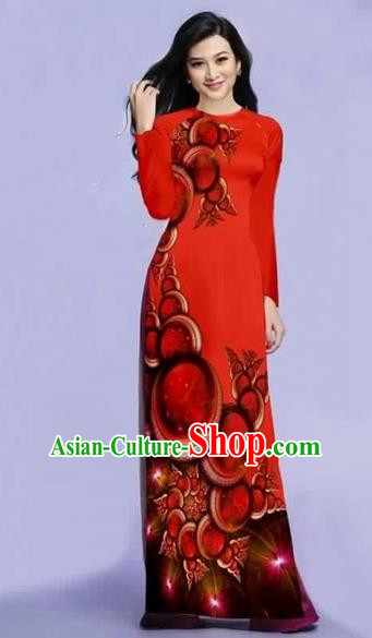 Traditional Top Grade Asian Vietnamese Costumes Dance Dress, Vietnam National Female Printing Red Ao Dai Dress Cheongsam Clothing for Women