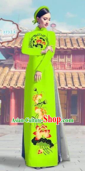 Traditional Top Grade Asian Vietnamese Costumes Dance Dress, Vietnam National Female Printing Lotus Bright Green Ao Dai Dress Cheongsam Clothing Complete Set for Women