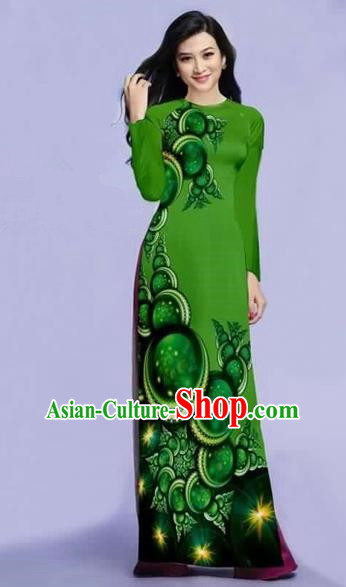 Traditional Top Grade Asian Vietnamese Costumes Dance Dress, Vietnam National Female Printing Green Ao Dai Dress Cheongsam Clothing for Women