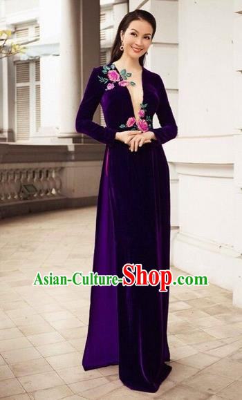 Traditional Top Grade Asian Vietnamese Costumes Dance Dress, Vietnam National Female Embroidered Ao Dai Dress Cheongsam Clothing for Women