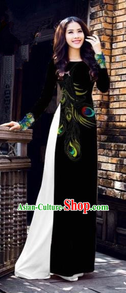 Traditional Top Grade Asian Vietnamese Costumes Dance Dress, Vietnam National Female Printing Feather Black Ao Dai Dress Cheongsam Clothing for Women