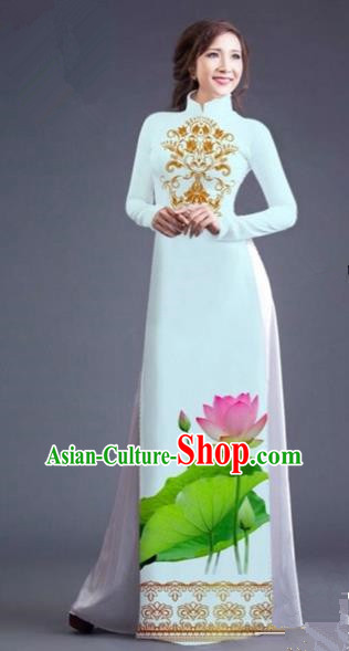 Traditional Top Grade Asian Vietnamese Costumes Dance Dress, Vietnam National Female Printing Lotus Flowers White Ao Dai Dress Cheongsam Clothing for Women