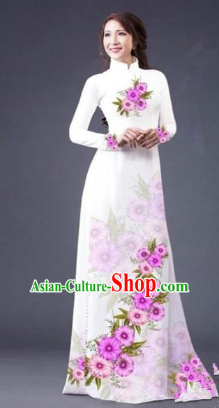 Traditional Top Grade Asian Vietnamese Costumes Dance Dress, Vietnam National Female Painting Flowers White Ao Dai Dress Cheongsam Clothing for Women