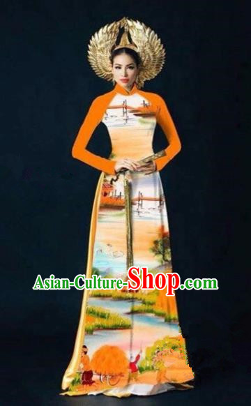 Traditional Top Grade Asian Vietnamese Costumes Dance Dress, Vietnam National Women Ao Dai Dress Printing Landscape Orange Cheongsam Clothing