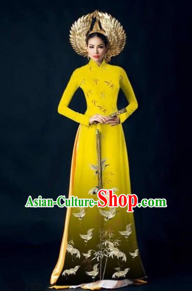 Traditional Top Grade Asian Vietnamese Costumes Dance Dress, Vietnam National Women Ao Dai Dress Printing Yellow Cheongsam Clothing