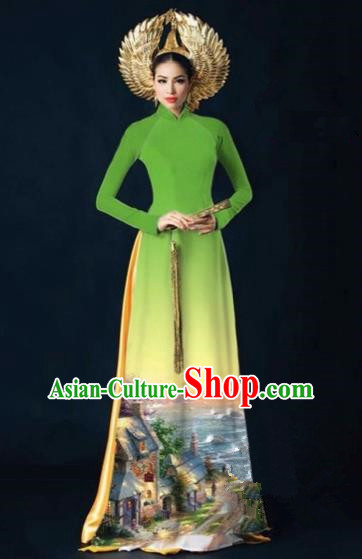 Traditional Top Grade Asian Vietnamese Costumes Dance Dress, Vietnam National Women Ao Dai Dress Printing View Green Cheongsam Clothing