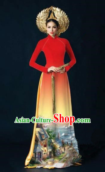 Traditional Top Grade Asian Vietnamese Costumes Dance Dress, Vietnam National Women Ao Dai Dress Printing View Red Cheongsam Clothing