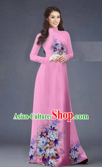 Traditional Top Grade Asian Vietnamese Costumes Dance Dress, Vietnam National Women Ao Dai Dress Printing Flowers Long Rose Cheongsam Clothing