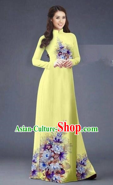 Traditional Top Grade Asian Vietnamese Costumes Dance Dress, Vietnam National Women Ao Dai Dress Printing Flowers Long Yellow Cheongsam Clothing