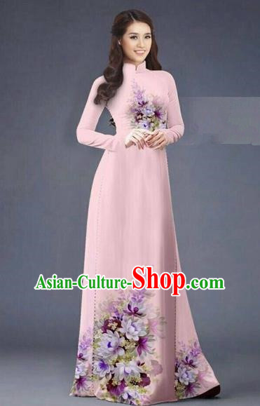 Traditional Top Grade Asian Vietnamese Costumes Dance Dress, Vietnam National Women Ao Dai Dress Printing Flowers Long Pink Cheongsam Clothing