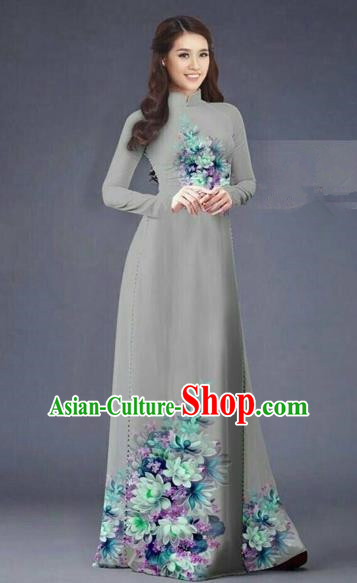 Traditional Top Grade Asian Vietnamese Costumes Dance Dress, Vietnam National Women Ao Dai Dress Printing Flowers Long Grey Cheongsam Clothing