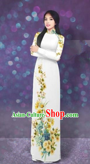 Traditional Top Grade Asian Vietnamese Costumes Dance Dress, Vietnam National Women Ao Dai Dress Printing Daisy Yellow Flowers Long White Cheongsam Clothing