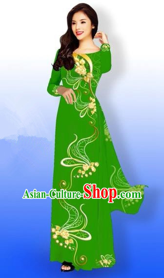 Traditional Top Grade Asian Vietnamese Costumes Dance Dress and Loose Pants, Vietnam National Women Ao Dai Dress Printing Long Green Cheongsam Clothing Complete Set