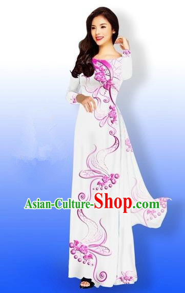 Traditional Top Grade Asian Vietnamese Costumes Dance Dress and Loose Pants, Vietnam National Women Ao Dai Dress Printing Long White Cheongsam Clothing Complete Set