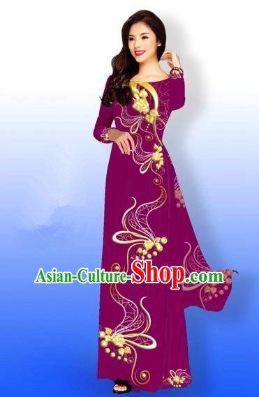 Traditional Top Grade Asian Vietnamese Costumes Dance Dress and Loose Pants, Vietnam National Women Ao Dai Dress Printing Long Amaranth Cheongsam Clothing Complete Set