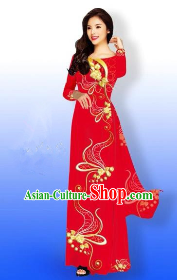 Traditional Top Grade Asian Vietnamese Costumes Dance Dress and Loose Pants, Vietnam National Women Ao Dai Dress Printing Long Red Cheongsam Clothing Complete Set