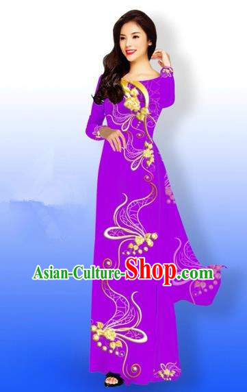 Traditional Top Grade Asian Vietnamese Costumes Dance Dress and Loose Pants, Vietnam National Women Ao Dai Dress Printing Long Purple Cheongsam Clothing Complete Set