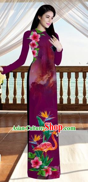 Traditional Top Grade Asian Vietnamese Costumes, Vietnam National Ao Dai Dress Printing Flowers Crane Amaranth Qipao for Women