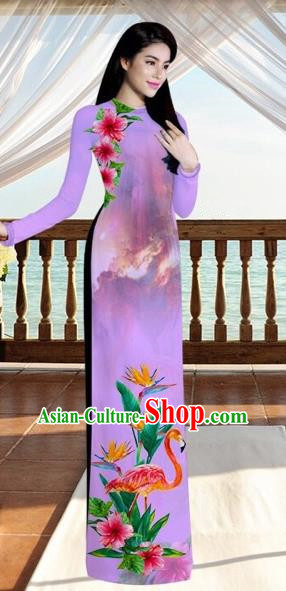 Traditional Top Grade Asian Vietnamese Costumes, Vietnam National Ao Dai Dress Printing Flowers Crane Light Purple Qipao for Women